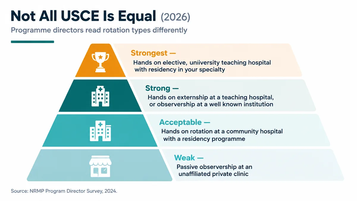 Four tier pyramid of US clinical experience value, from gold tier hands on electives at university teaching hospitals down to red flag passive observerships at unaffiliated clinics