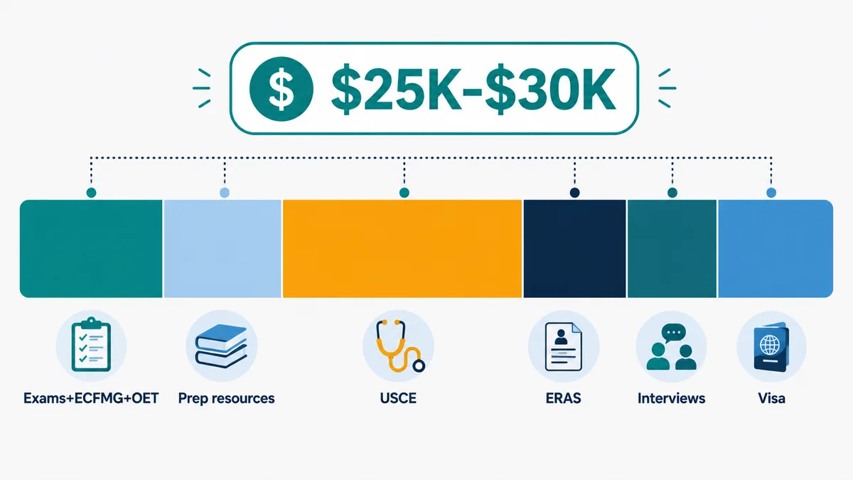 USMLE and Match journey cost breakdown by category totaling twenty-five thousand to thirty thousand dollars, with USCE the largest segment