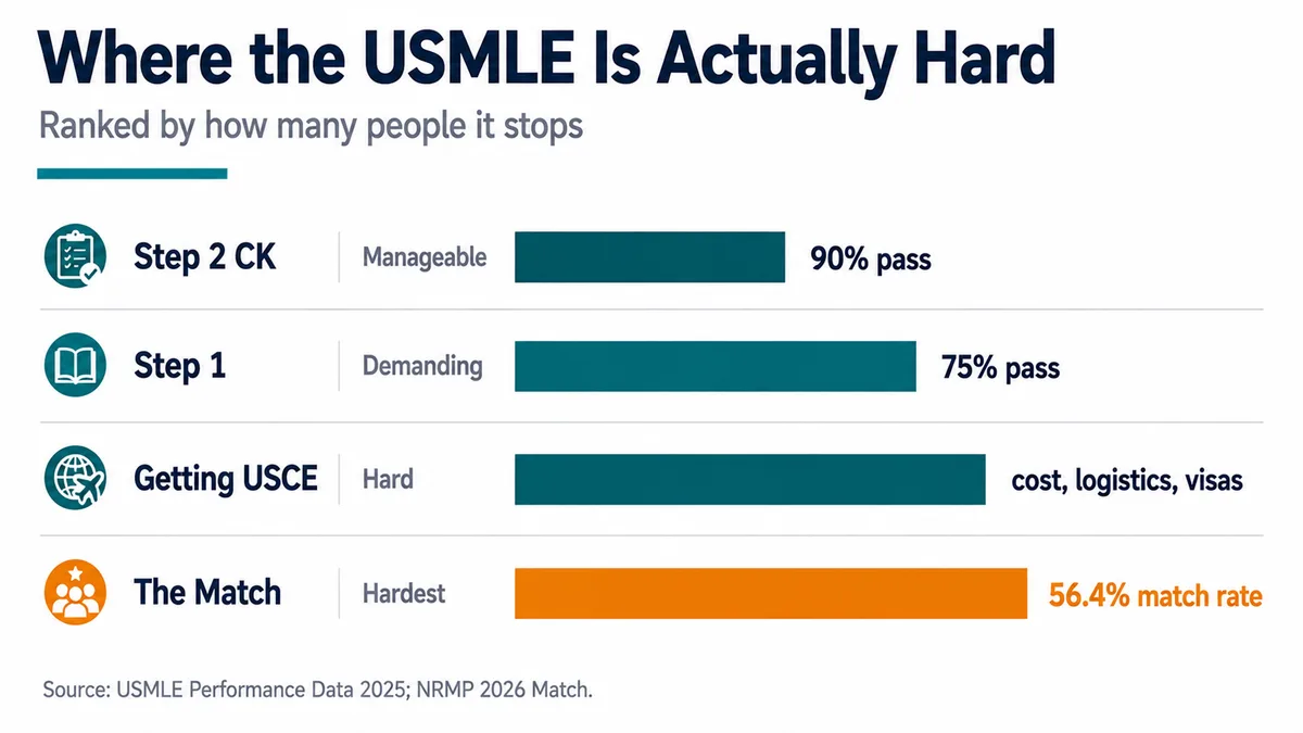 Bar chart ranking the stages of the USMLE journey by difficulty: Step 2 CK 90% pass, Step 1 75% pass, getting US clinical experience, and the Match at a 56.4% match rate