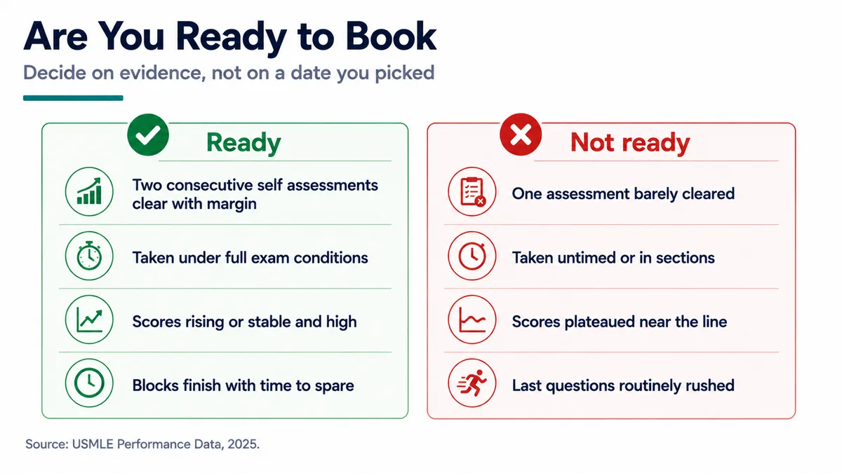 Checklist comparing the signals that mean you are ready to book the USMLE against the signals that mean you should wait