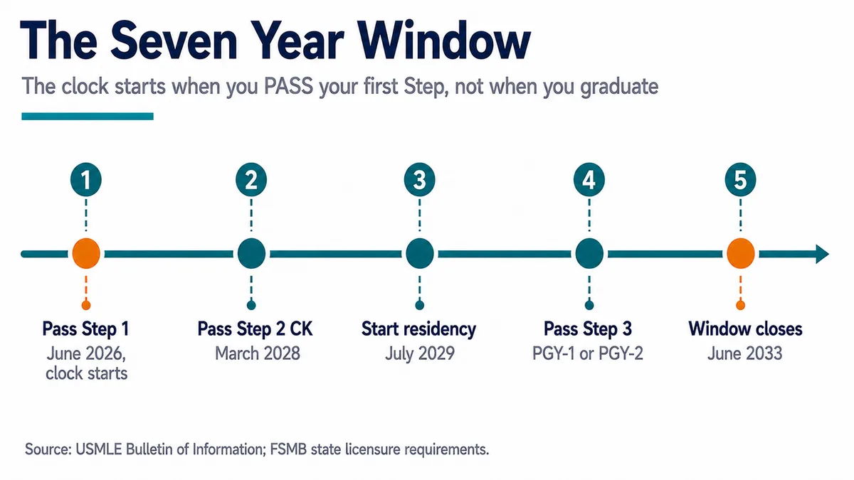 Timeline showing the seven year USMLE window opening when Step 1 is passed in June 2026, through Step 2 CK, residency and Step 3, closing in June 2033