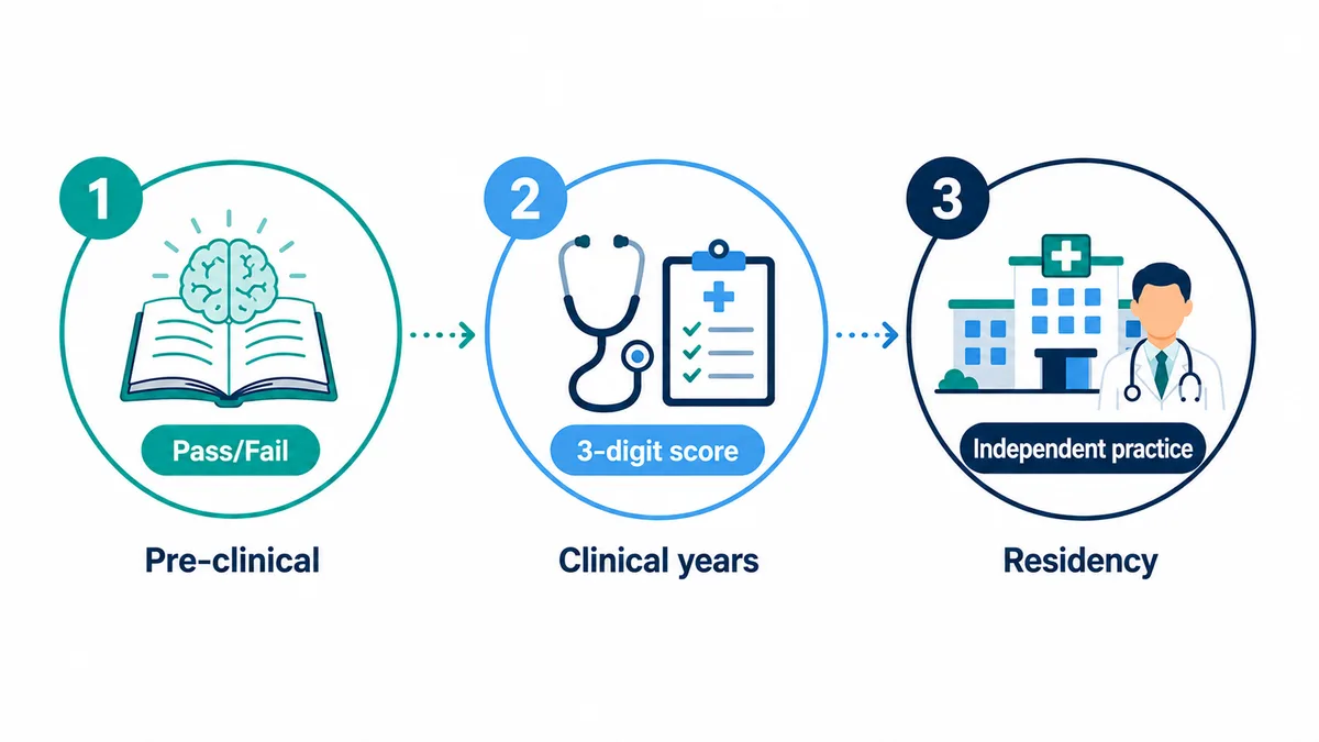 The USMLE 3-step journey: Step 1 (Pass/Fail) during pre-clinical years, Step 2 CK (3-digit score) during clinical years, and Step 3 (independent practice) during residency