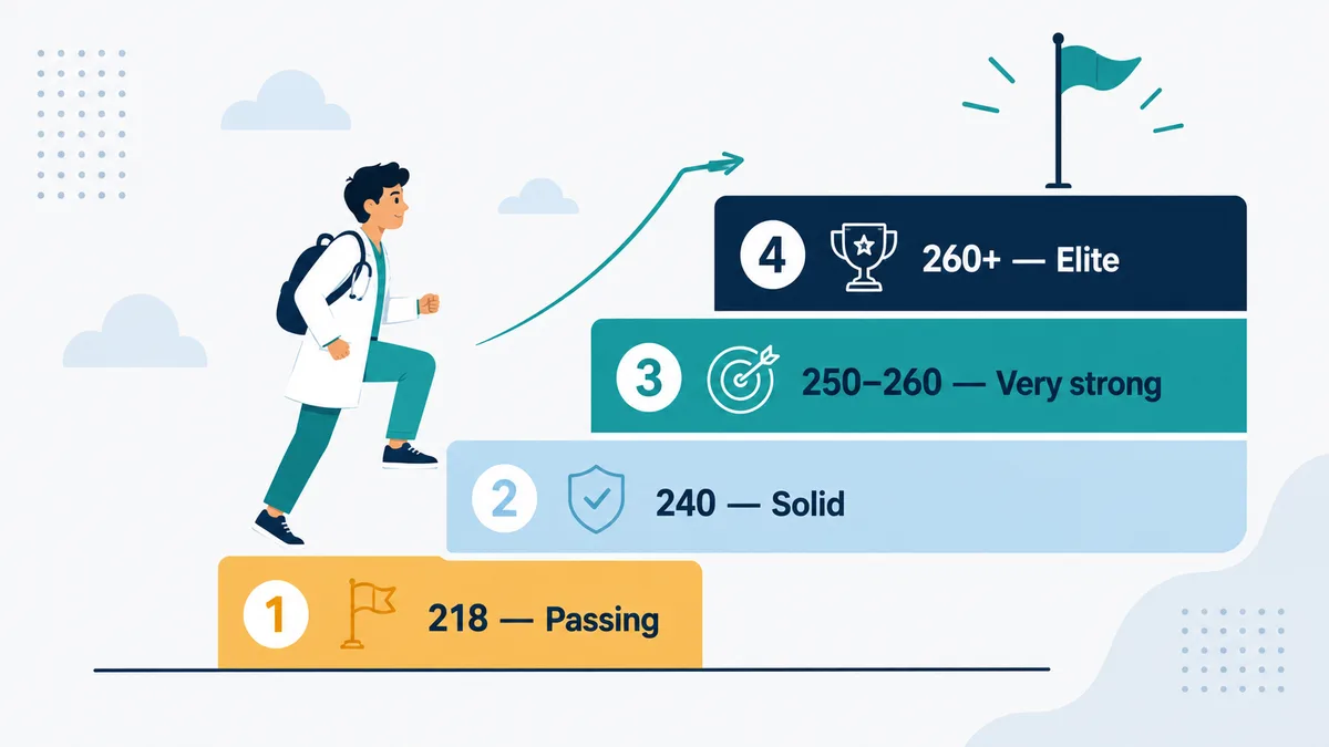 USMLE Step 2 CK scoring ladder: 218 is passing, 240 is solid, 250 to 260 is very strong, and 260+ is elite