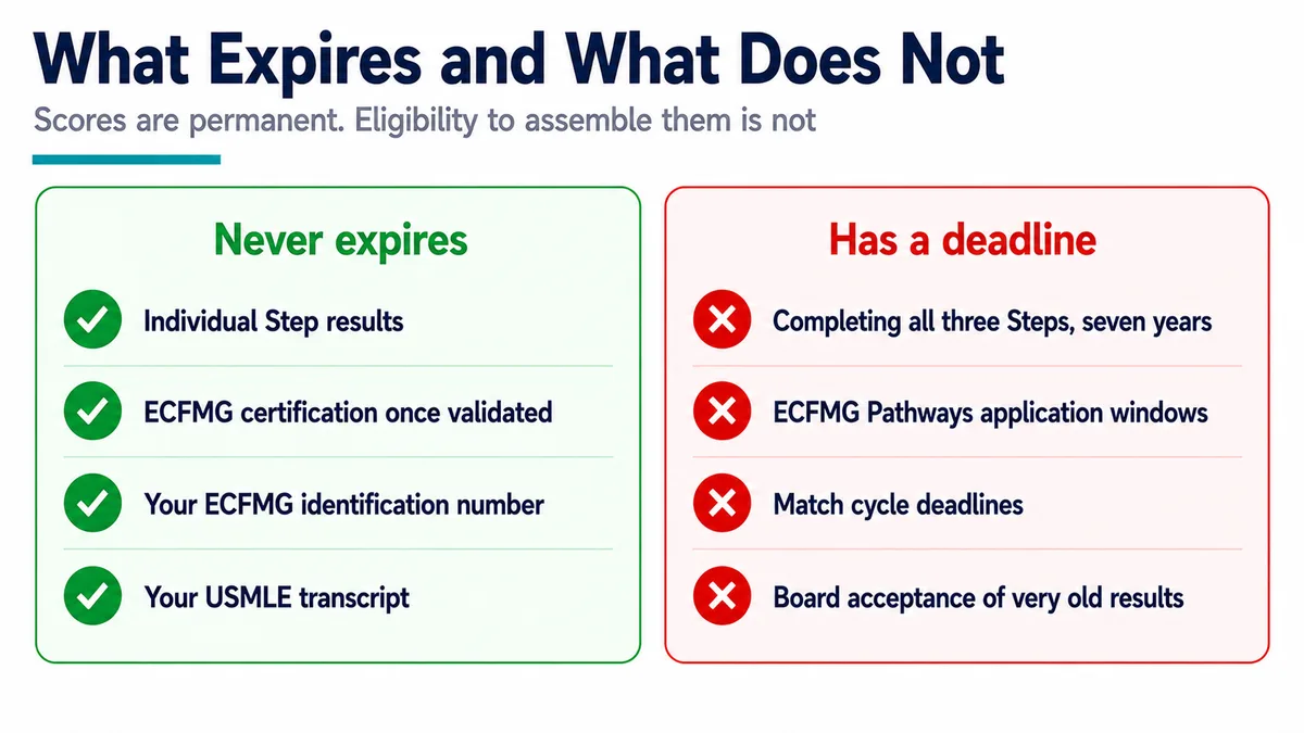Two column comparison of what never expires, including individual Step results and validated ECFMG certification, against what has a deadline, including completing all three Steps within seven years