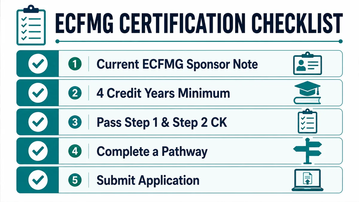ECFMG certification checklist: current Sponsor Note, 4 credit years minimum, pass Step 1 and Step 2 CK, complete a Pathway, submit application