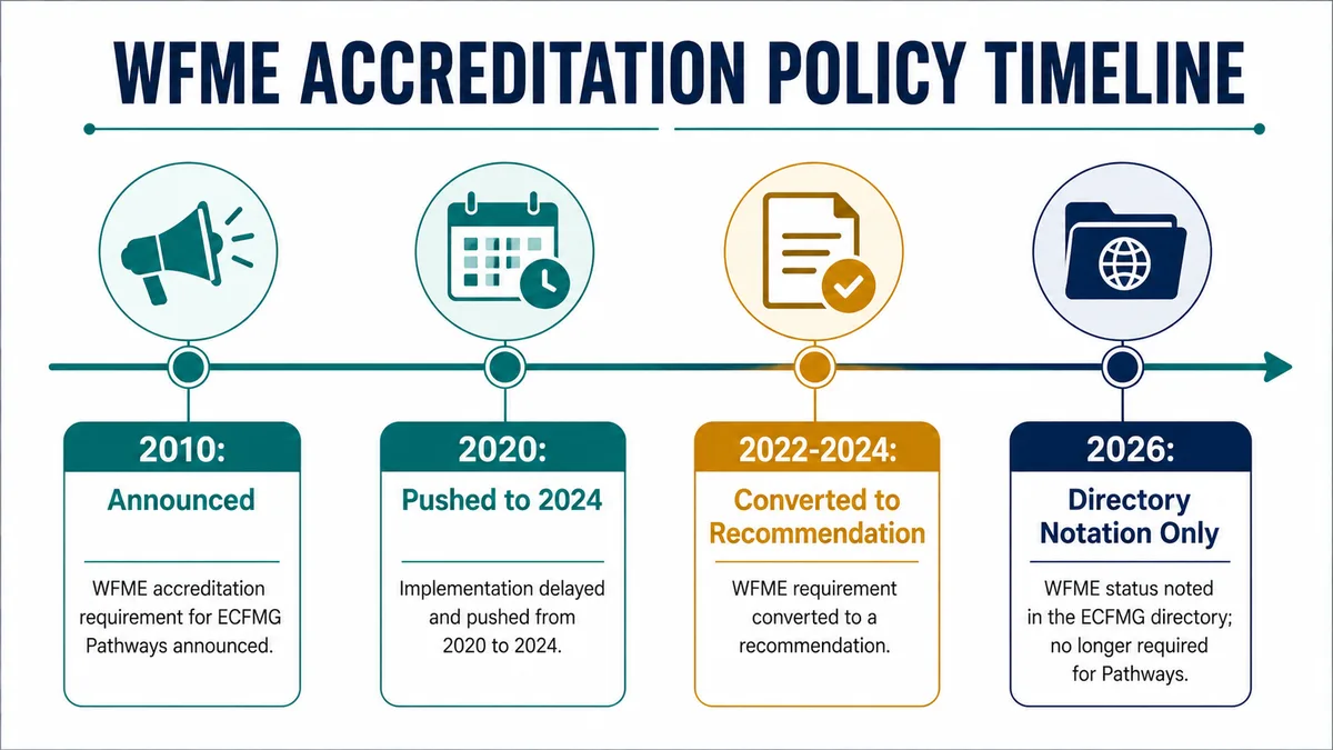 WFME accreditation policy timeline: announced 2010, pushed to 2024 in 2020, converted to a recommendation 2022-2024, directory notation only as of 2026