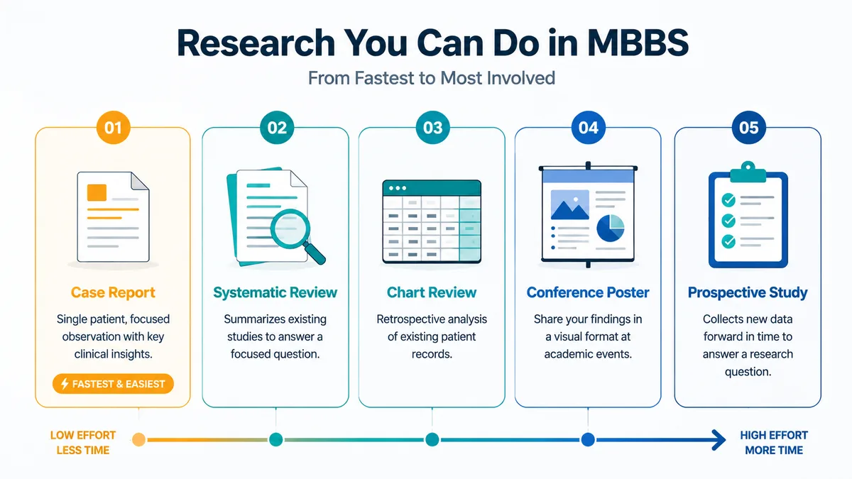 Five types of research you can do during MBBS, ordered from fastest (case report) to most involved (prospective study)